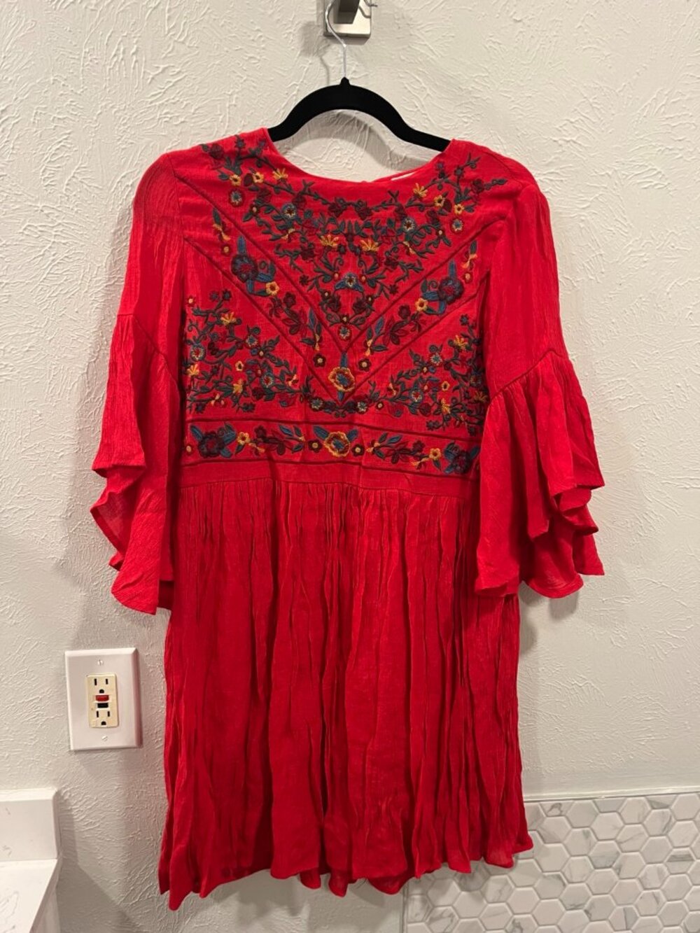 Umgee Red Floral Embroidered Boho Babydoll Dress Small Bell Sleeves